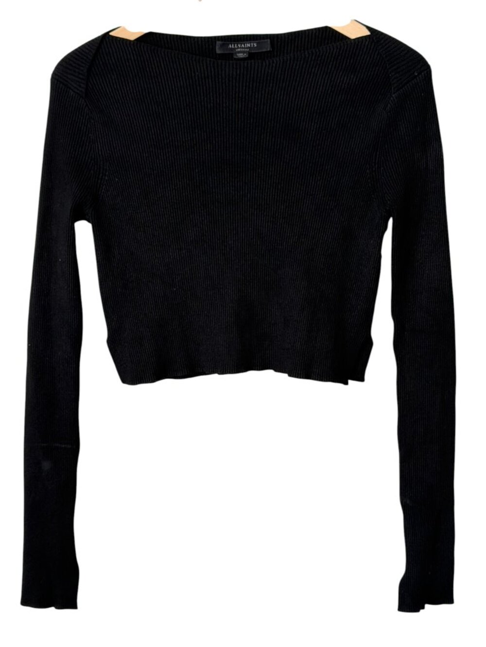 All Saints Hera Zephyr Black Ribbed Cropped Knit Split Hem Long Sleeve Sweater M